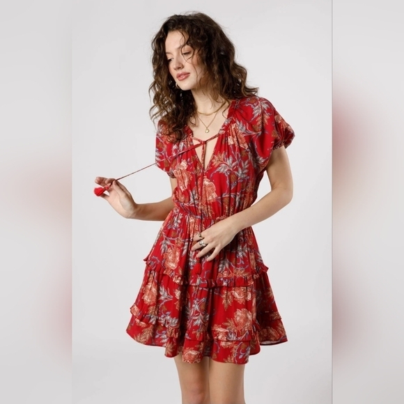 Band Of Gypsies Band of the Free   Connie Garnet Floral Mini Dress Size Large - Picture 1 of 12